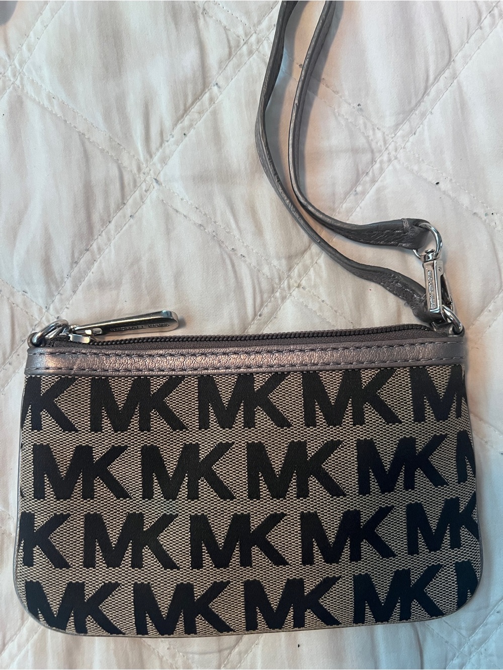 Michael Kors Brown/Beige MK Logo Jacquard Wristlet with Pewter Trim